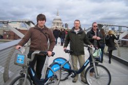 Ready to ride - crossing the "wobbly bridge" with our hired bikes.