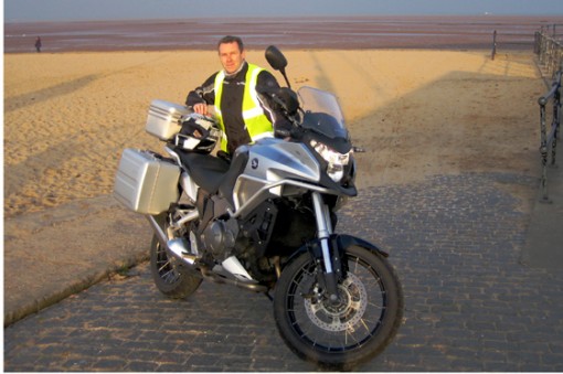 Honda Crosstourer 1200cc V4 road test, David Hooper with the bike on Cleethorpes Beach.